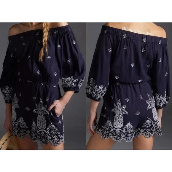 NWT FARM RIO X ANTHROPOLOGIE Jackie Embroidered Romper shorts Sz Xs Navy/White - Picture 2 of 11